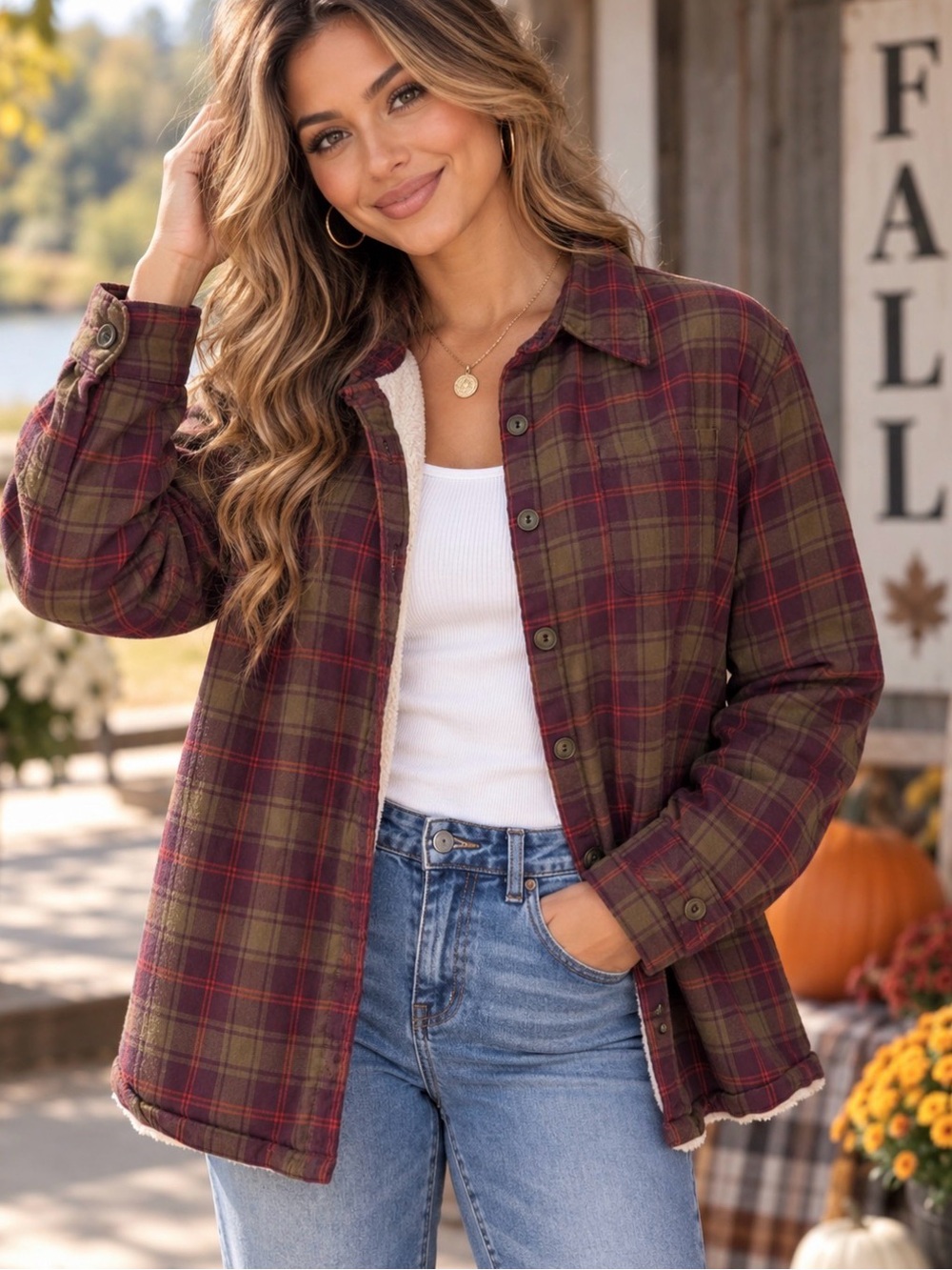 Fall L.L. Bean Burgundy and Olive Plaid Sherpa-Lined Button-Down